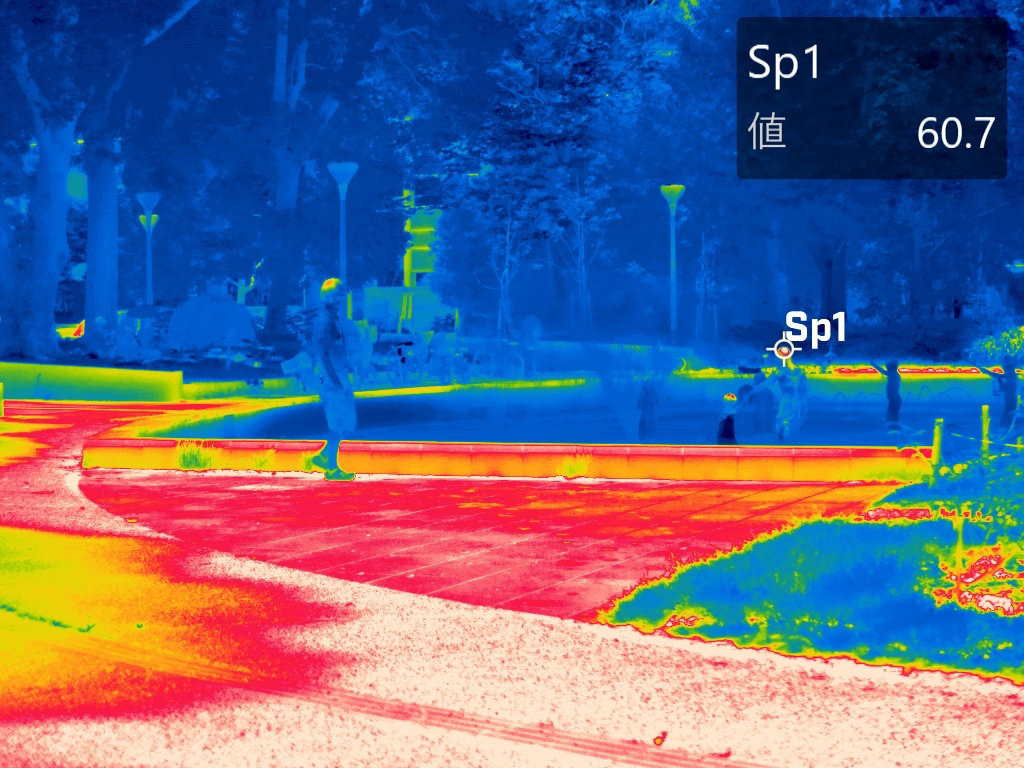 噴水広場で水遊びをする大人の頭部温度60.7℃を示したサーモグラフィー熱画像