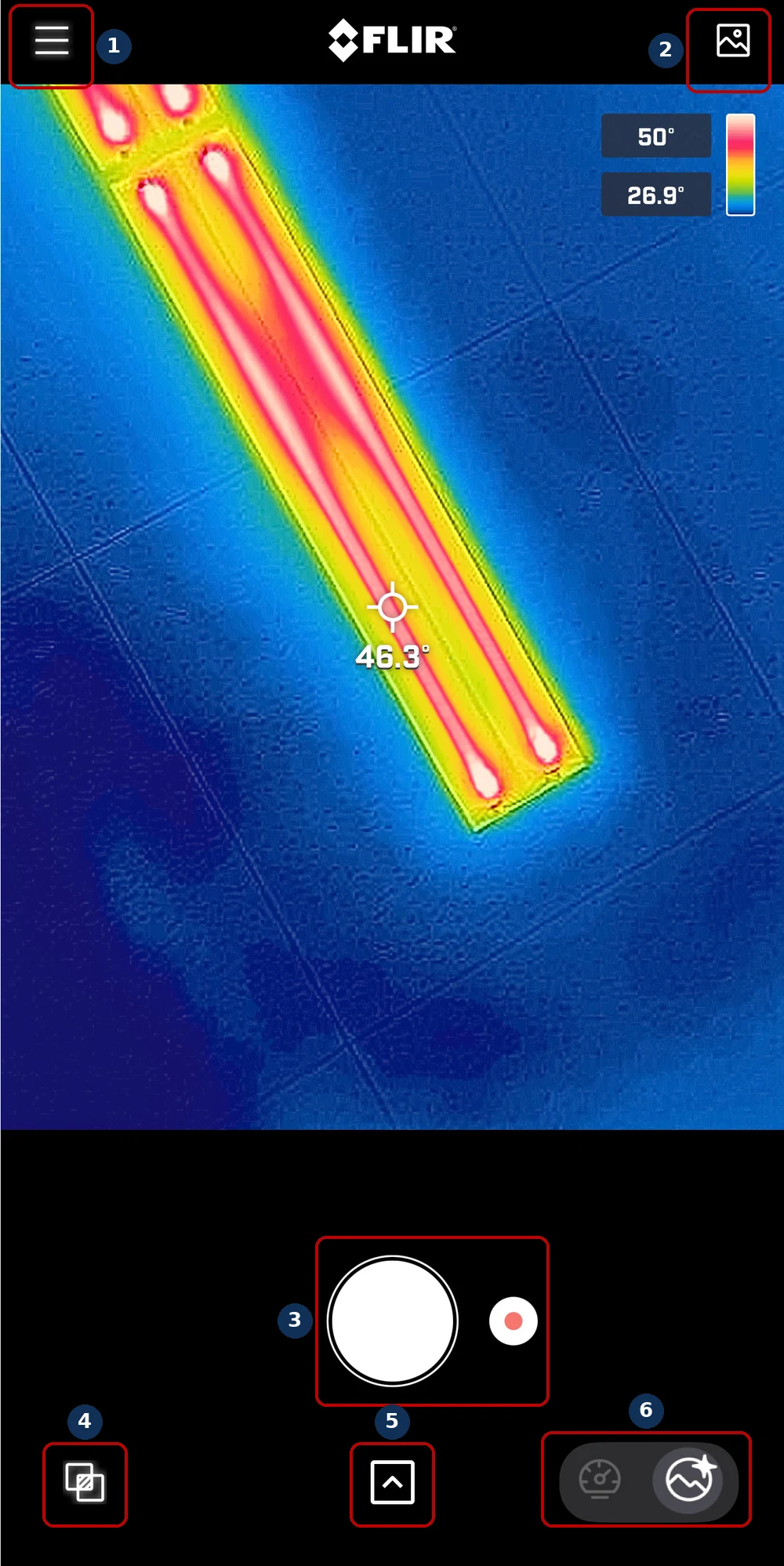 FLIR ONE アプリの操作画面と各部の名称
