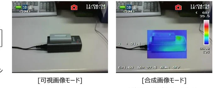 InfReC R450 可視画像モードと合成画像モードの表示例