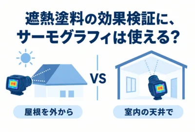 サーモグラフィレンタル｜遮熱塗料の効果検証で、屋根を外から撮る場合と室内の天井で撮る場合の違いを示す図