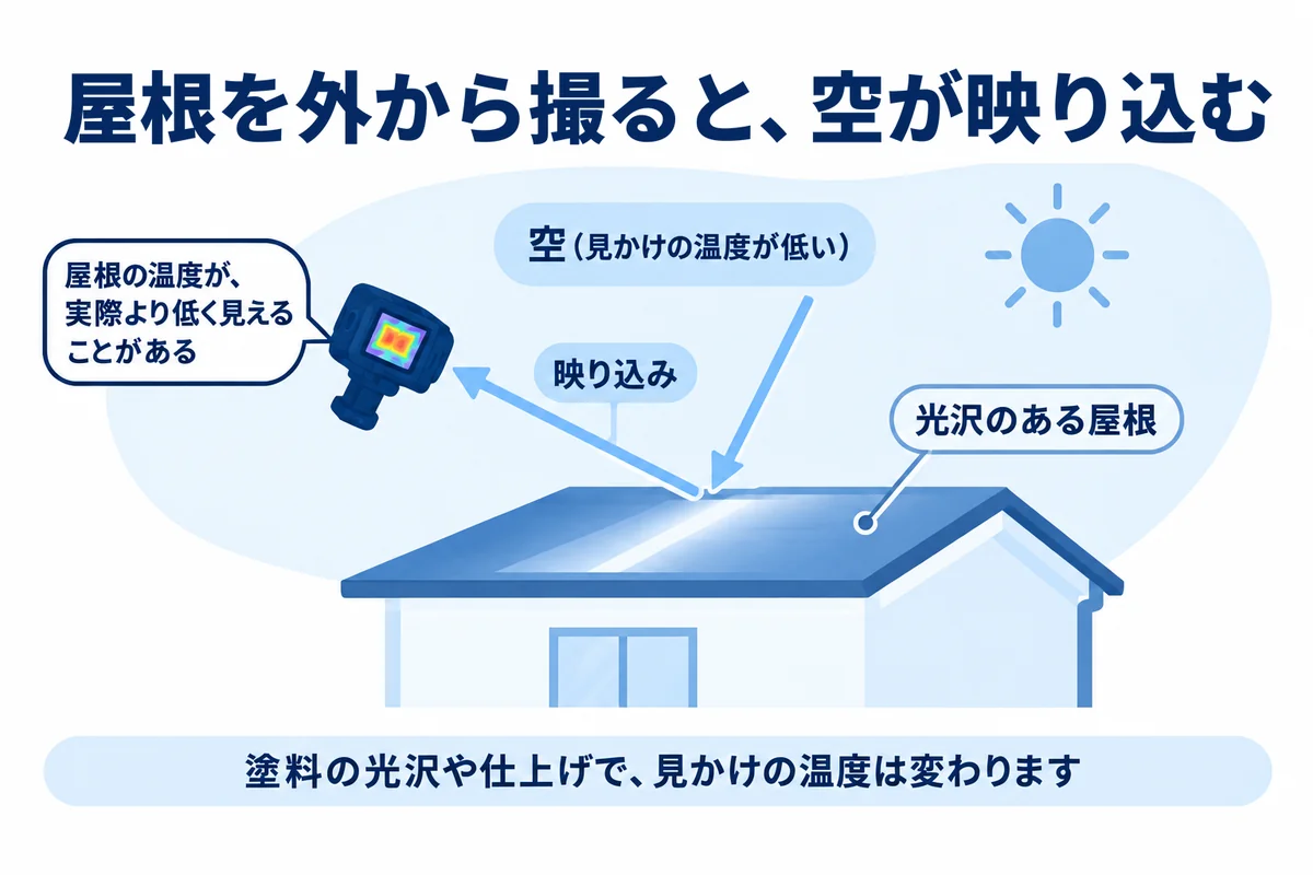 サーモグラフィレンタル|屋根を外から撮影すると、光沢のある面に空が映り込み、屋根の温度が実際より低く見えることを示す図