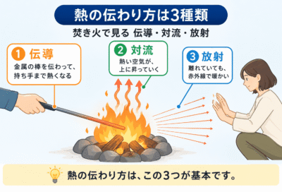 サーモグラフィレンタル｜熱の伝わり方は3種類、焚き火で見る伝導・対流・放射の図