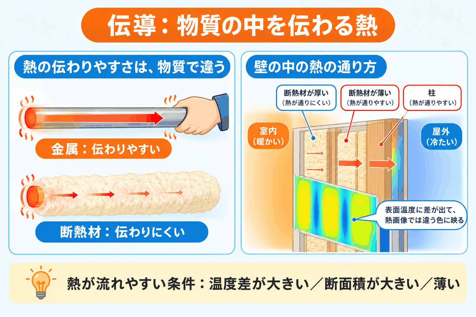 サーモグラフィーレンタル｜伝導による熱の移動と壁の断熱の違いを示す図